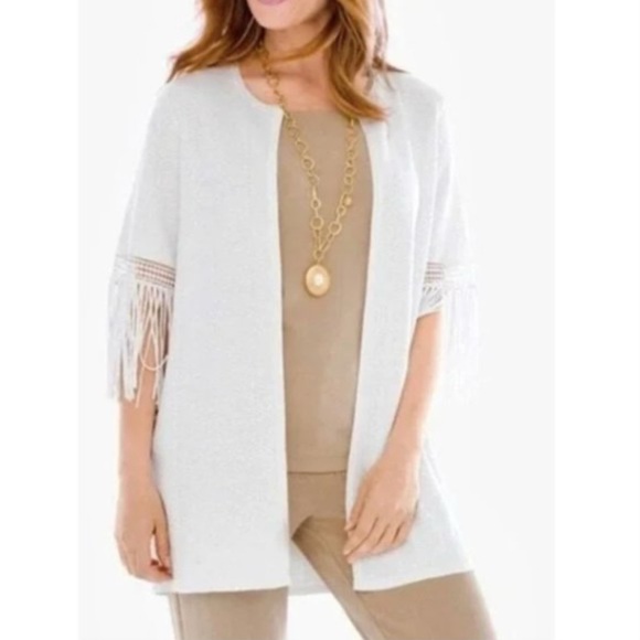 Chicos Travelers Elegant White Fringe Cardigan Open Front Sweater Size 1 - Picture 1 of 9